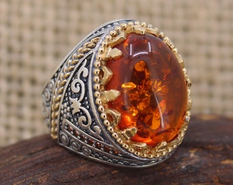 Amber Ring, 925 Sterling Silver Men's Ring, Handmade Turkish Ring,  Ottoman Men Ring, Men's Jewelry