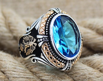 Blue Topaz Double Headed Eagle Ring, Solid 925 Sterling Silver Men's Ring,  Dirilis Ertugrul Ring