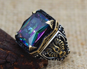 Mystic Topaz Ring, 925 Sterling Silver Men's Ring, Turkish Ottoman Men Ring, Handmade Men Ring, King Crown Design Silver Ring, Rainbow Stone