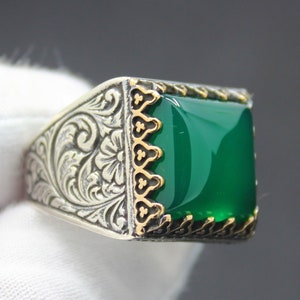 Green Agate Stone Solid 925 Sterling Silver Men&#39;s Ring Handmade Turkish Gem Stone Gift For Him About Men Gift Idea