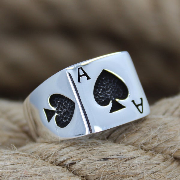 Ace of Spades Figure Solid 925 Sterling Silver Men's Ring Handmade Jewelry Ring Gift For Him Poker Ring Lucky Card Free Shipping