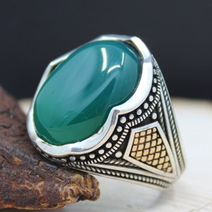 Green Agate Stone Solid 925 Sterling Silver Men&#39;s Ring Handmade Turkish Gem Stone Gift For Him About Men Gift Idea