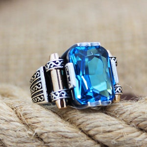 Blue Topaz Ring, Solid 925 Sterling Silver Men&#39;s Ring