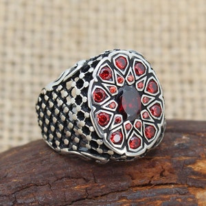 Red Zircons Solid 925 Sterling Silver Men&#39;s Ring Handmade Gift For Him About Men Gift Ideas Free Shipping