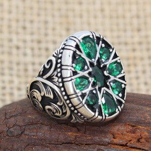 Groene zirkonen solid 925 sterling zilveren mannen ring handgemaakt cadeau voor hem over mannen cadeau ideeën gratis verzending