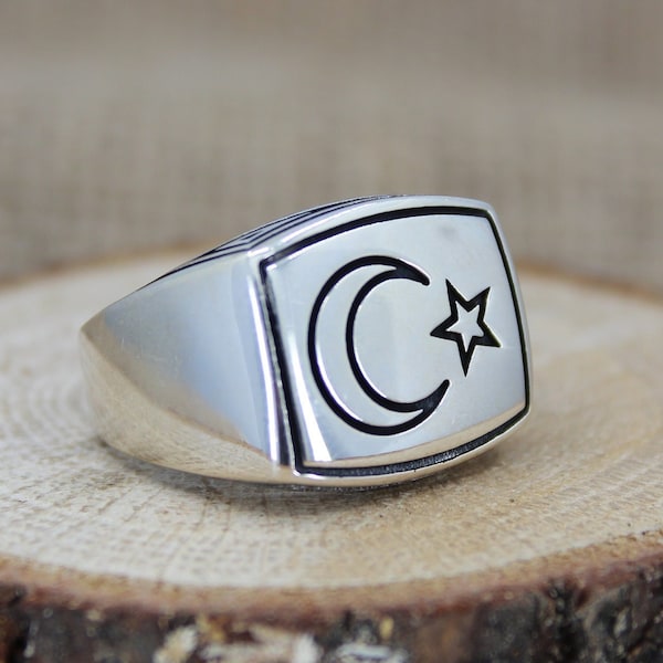 Moon Star Design Solid 925 Sterling Silver Men's Ring, Crescent Ring, Handmade Turkish Gift For Him, Gift Idea