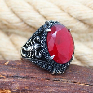 Scorpion Figure Ruby Stone Solid 925 Sterling Silver Men&#39;s Ring Handmade Gift For Him About Men Gift Idea