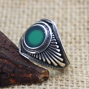 Green Agate Round Flat Stone 925 Sterling Silver Men&#39;s Ring, Handmade Turkish Gem Stone, Gift For Him About Men Gift Idea