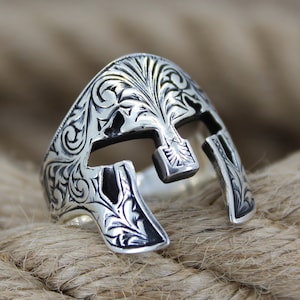 Spartan Warrior Helmet Solid 925 Sterling Silver Men&#39;s Ring Handmade Jewellery