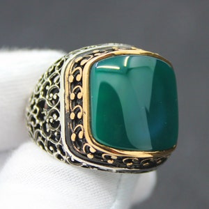 Green Agate Stone Solid 925 Sterling Silver Men&#39;s Ring Handmade Turkish Gem Stone Gift For Him About Men Gift Idea