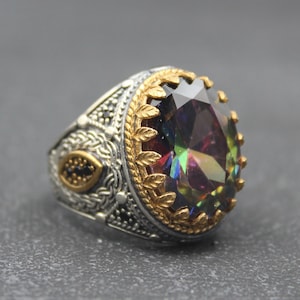 Mystic Topaz Ring, 925 Sterling Silver Men&#39;s Ring, Turkish Ottoman Men Ring, Handmade Men Ring