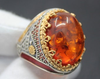 Amber Ring, 925 Sterling Silver Men's Ring, Handmade Turkish Ring