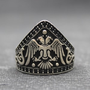 Double Headed Eagle Ring, Turkish Ottoman Thumb Ring, Solid 925 Sterling Silver Men&#39;s Ring, Archer Bowman Ring, Gift for Him Souvenir