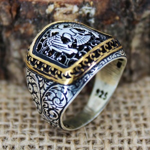 Double Headed Eagle Solid 925 Sterling Silver Men&#39;s Ring Handmade Turkish Gift For Him