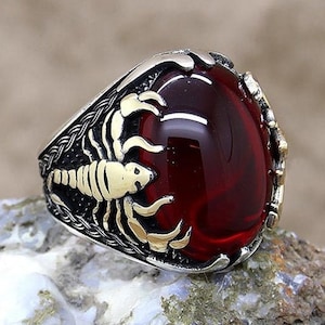 Scorpion Figure Garnet Stone Solid 925 Sterling Silver Men&#39;s Ring Handmade Gift For Him About Men Gift Ideas Free Shipping