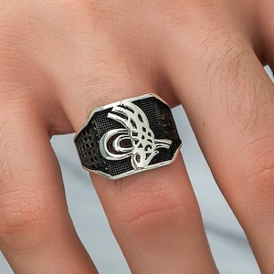 Ottoman Sultan&#39;s Symbol Tughra Solid 925 Sterling Silver Men&#39;s Ring Turkish Ring With Black Zircons Sultan Jewellery Gift Idea