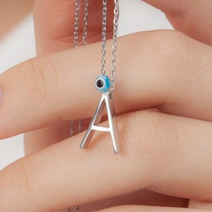 Sólido collar de letras de mujer de plata esterlina 925 con mal ojo turco, accesorio de mujer, regalo para ella, mal ojo