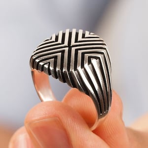 幾何学模様のソリッド 925 スターリング シルバー メンズ リング、手作りトルコ製ギフト、ギフト アイデア