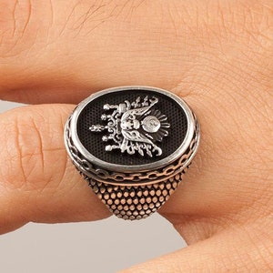 Ottoman Armorial Bearings Design Solid 925 Sterling Silver Men&#39;s Ring, Handmade Turkish Gift For Him, Gift Idea