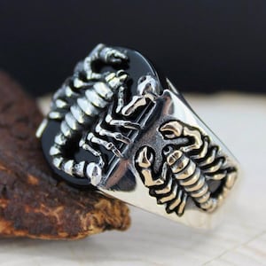Scorpion Figure With Onyx Stone Solid 925 Sterling Silver Men&#39;s Ring, Handmade Turkish Gift For Him, Gift Idea