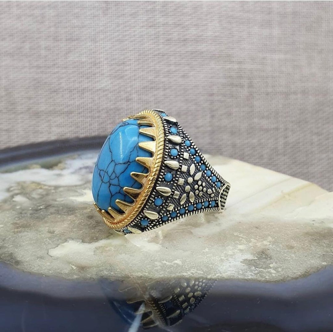 Turquoise Stone Solid 925 Sterling Silver Men's Ring Handmade Turkish ...