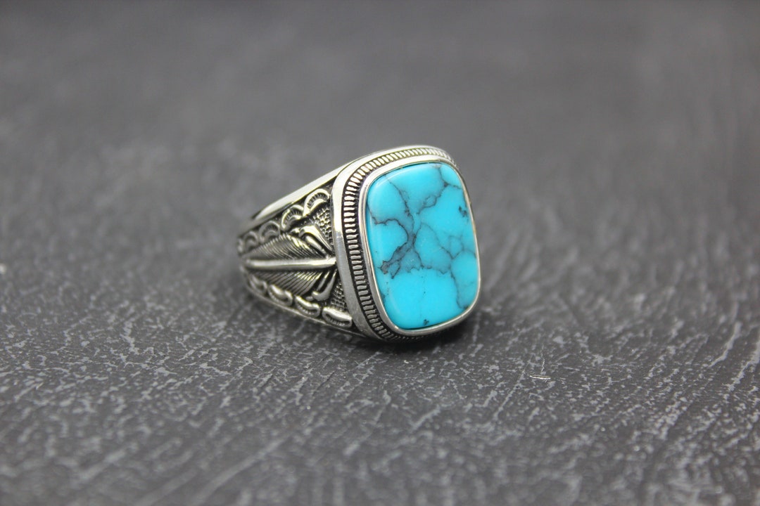Turquoise Stone 925 Sterling Silver Men's Ring, Handmade Gift for Him ...