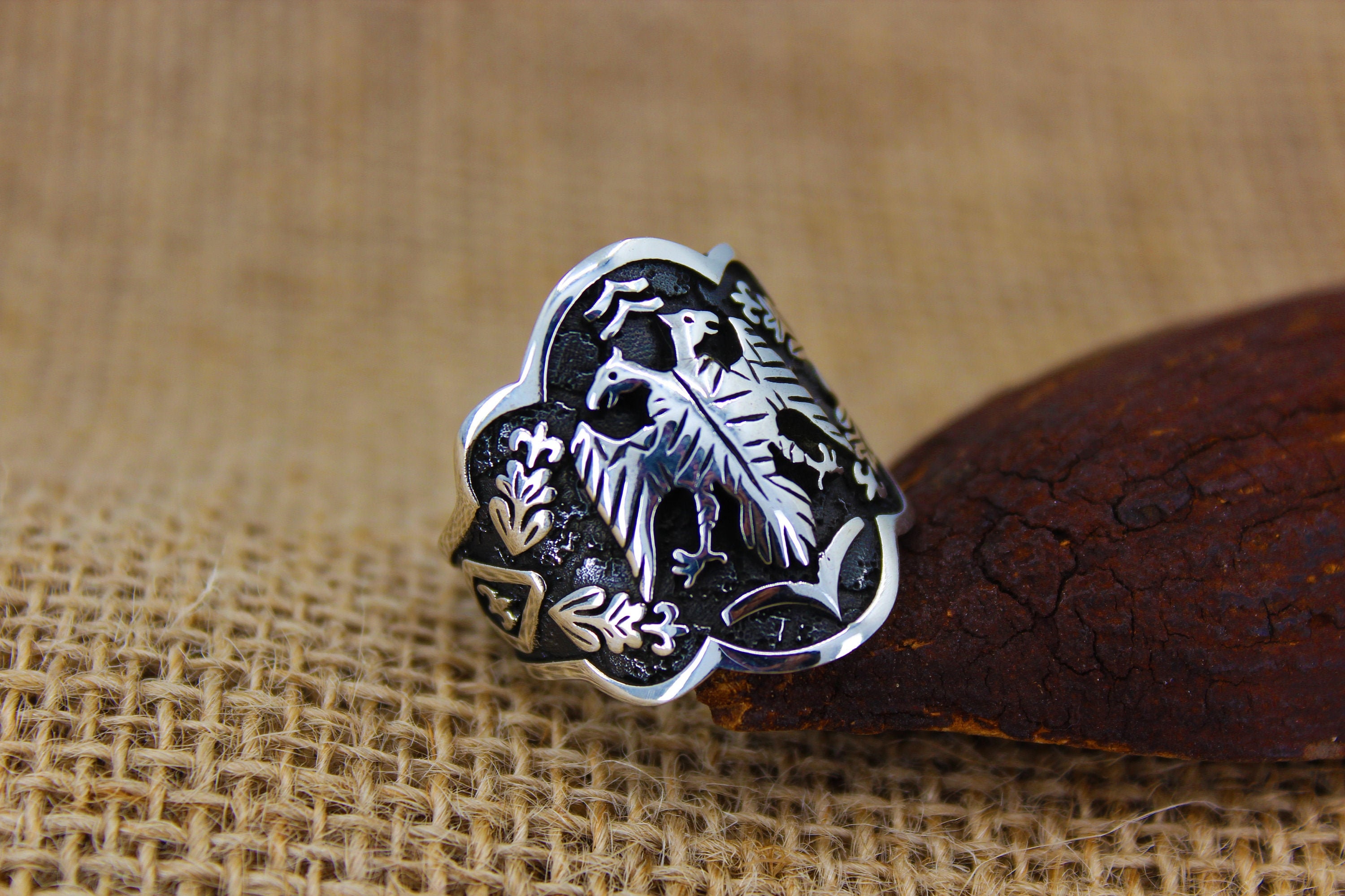 925 Sterling Silver Double Headed Eagle Archer Thumb Men's Ring Adjustable Size 