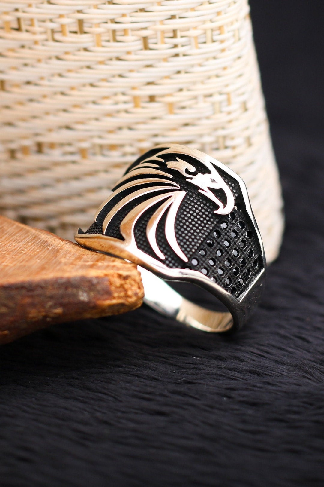 Eagle Head Figure Black Micro Zircons Solid 925 Sterling Silver