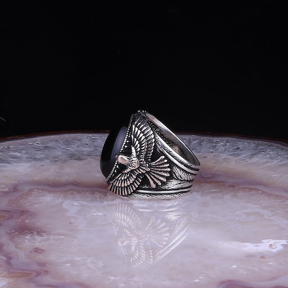 Falcon Figure Onyx Stone Solid 925 Sterling Silver Men's Ring