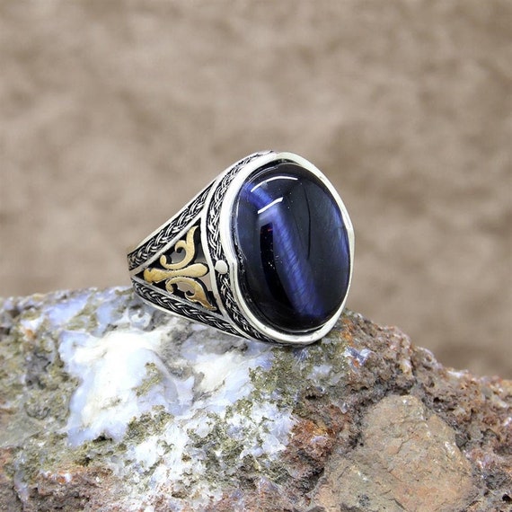 Blue Tiger's Eye Stone Solid 925 Sterling Silver Men's Ring