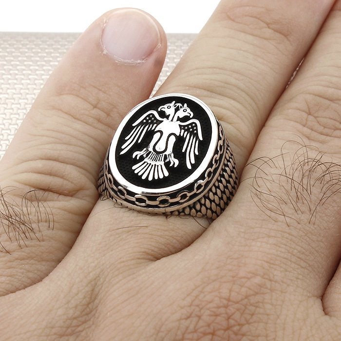 Double Head Eagle Solid 925 Sterling Silver Men's Ring Handmade