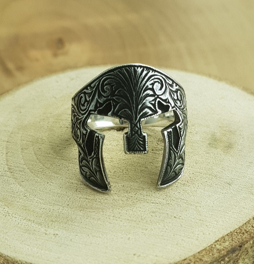 Handmade Solid 925 Sterling Silver Ring - Spartan Helmet Design, Hallmarked