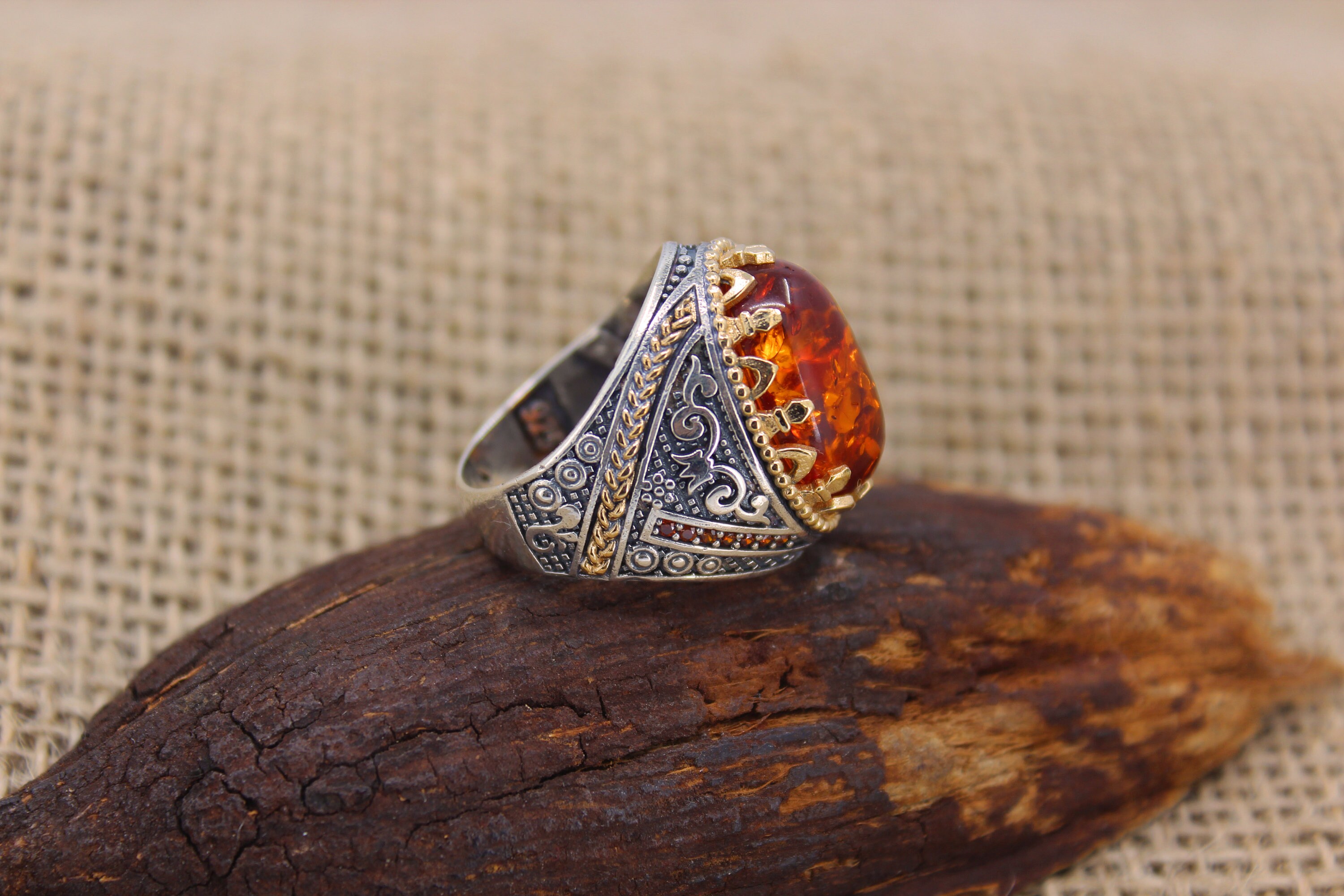 Amber Ring, 925 Sterling Silver Men's Ring, Handmade Turkish Ring