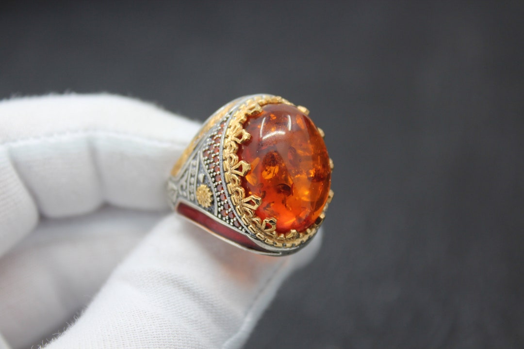Amber Ring, 925 Sterling Silver Men's Ring, Handmade Turkish Ring