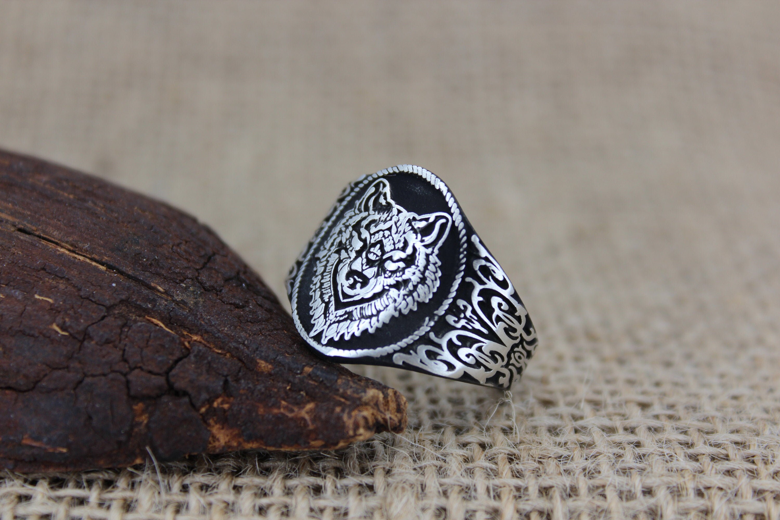 Grey Wolf Face Solid 925 Sterling Silver Men's Ring, Turkish Wolf