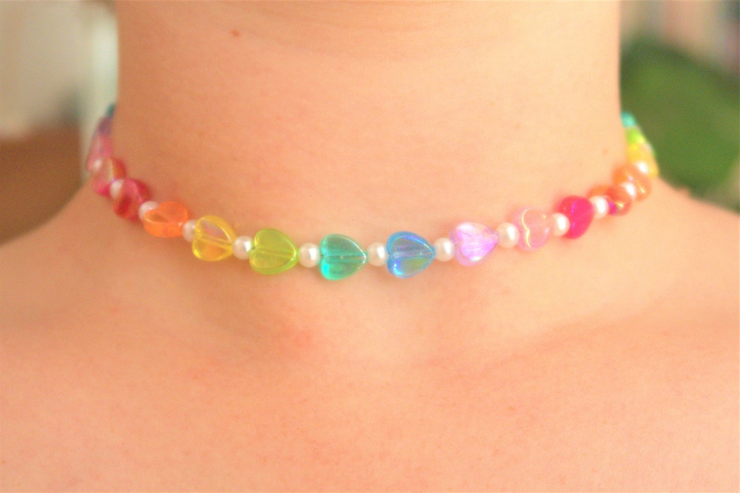 Heart Bead Necklace Y2K Funky Bead Necklace Heart Beaded Etsy