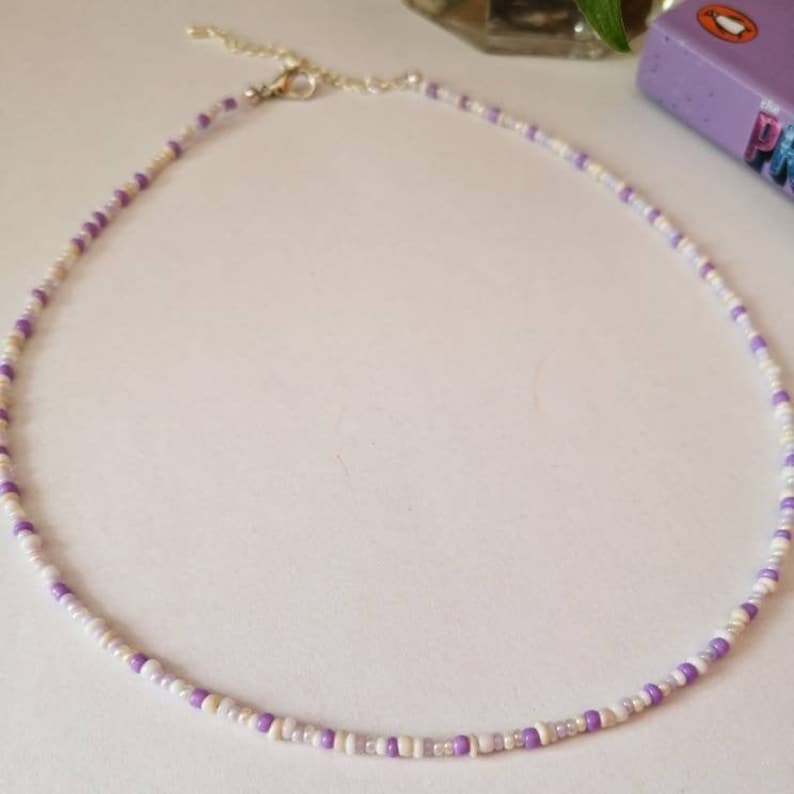 Angelcore Lilac Purple Bead Necklace Choker White Peral Crystal Lavender