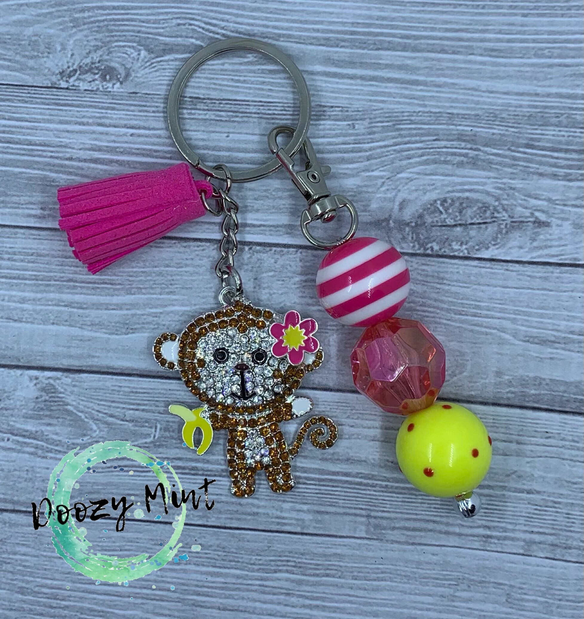 Cute Monkey Rhinestone keychain with chunky beads Two Etsy