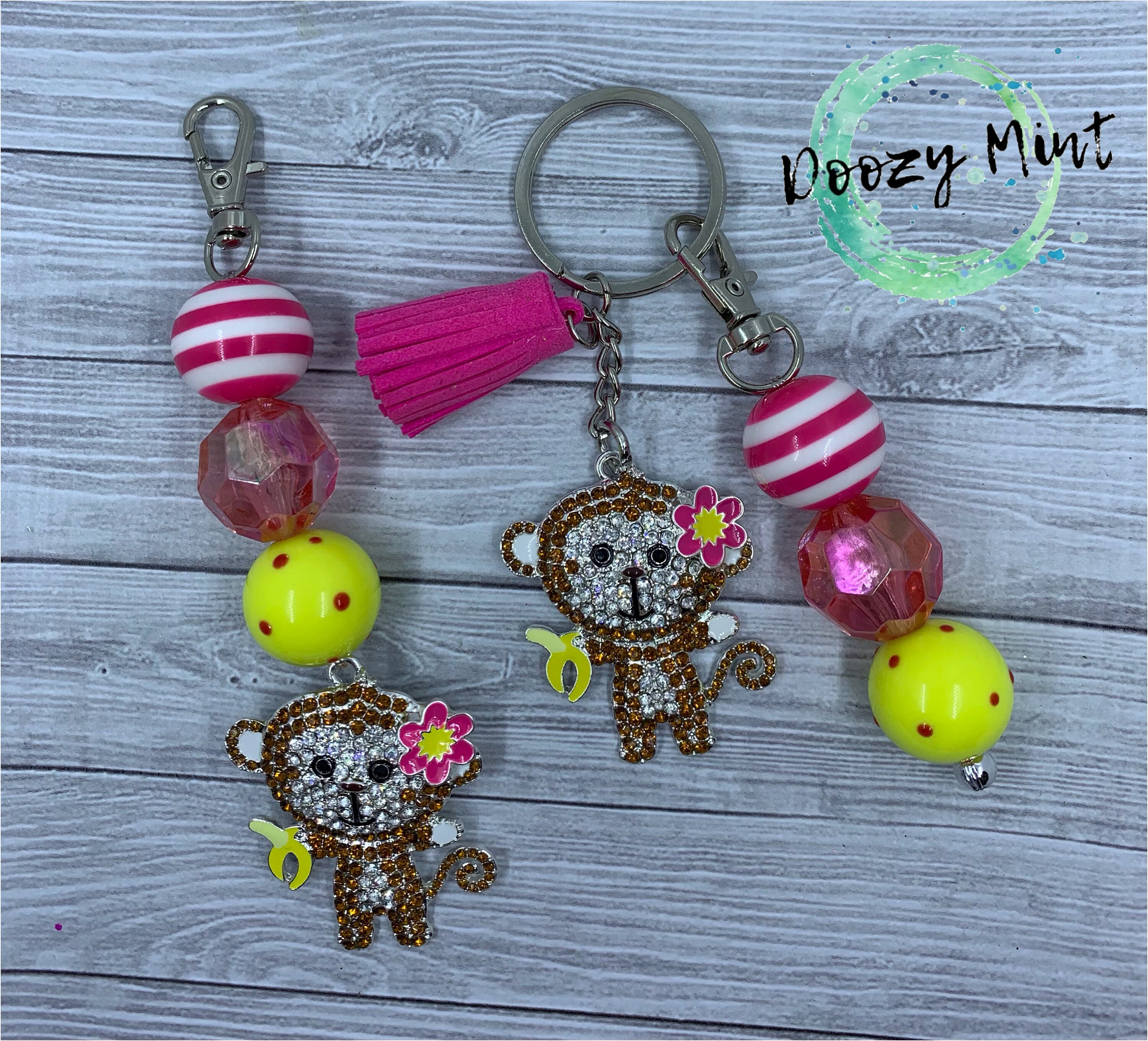 Cute Monkey Rhinestone keychain with chunky beads Two Etsy
