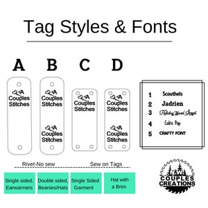 May include: A chart showing different tag styles and fonts for couples' creations. The chart shows four different tag styles: single-sided, double-sided, single-sided garment, and hat with a brim. The chart also shows five different fonts: Scouthels, Jadrien, Holiday Travel Script, Cake Pop, and Crafty Font.