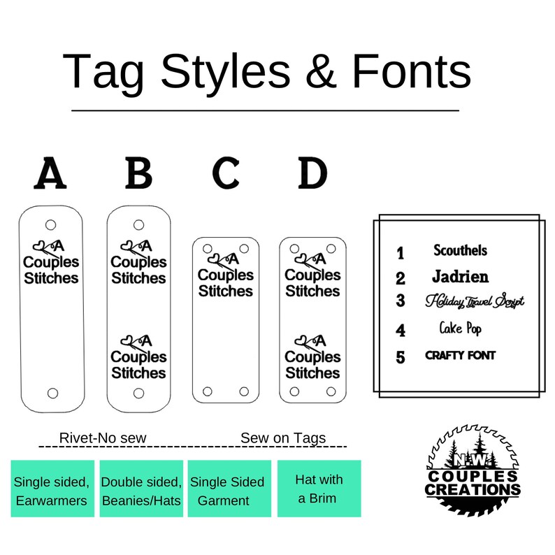 May include: A chart showing different tag styles and fonts for couples' creations. The chart shows four different tag styles: single-sided, double-sided, single-sided garment, and hat with a brim. The chart also shows five different fonts: Scouthels, Jadrien, Holiday Travel Script, Cake Pop, and Crafty Font.