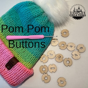 12pk Pompom buttons special shapes, acrylic pom Keeper, Pompom tag, pom buttons, Pom keeper, no sew button, dino, star, mushroom, snowflakes