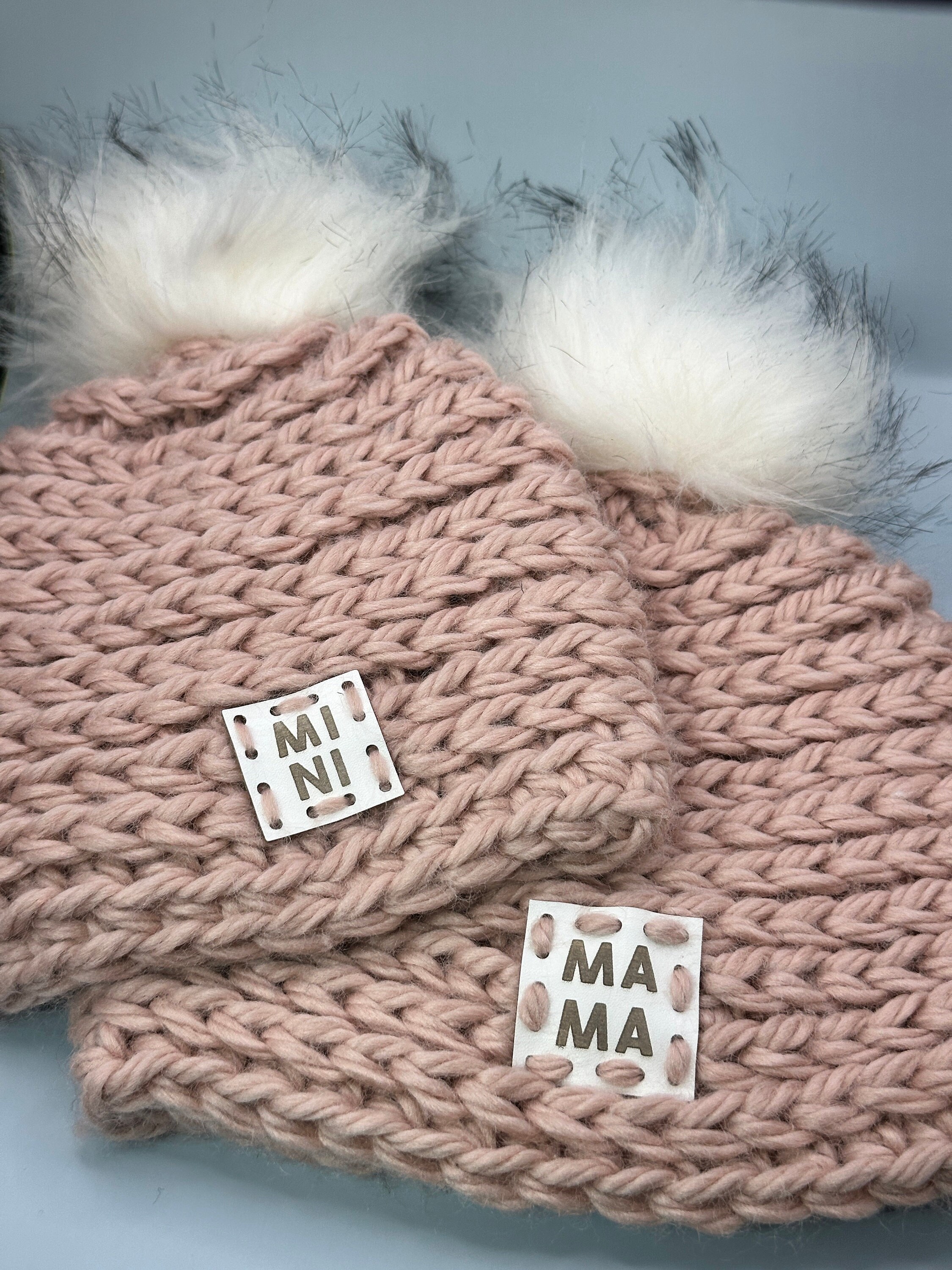 Mama & Mini Vegan Leather Hat Patches, Custom Beanie Tags