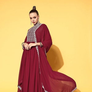 Women Maroon Embroidered Gown with Dupatta, Indo Western Ethnic Set for women, designer georgette Wedding Gown for women,Wedding wear outfit