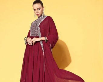 Women Maroon Embroidered Gown with Dupatta, Indo Western Ethnic Set for women, designer georgette Wedding Gown for women,Wedding wear outfit