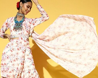 vestido indo occidental para mujeres traje Dhoti Lehenga Ropa Ropa para mujer Top de diseño del cabo indio con conjunto de falda drapeada blusa india con conjunto Dhoti vestido indio 