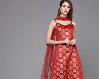 Designer Bollywood Silk Kurti With Trouser Pants And Dupatta For Women, Silk Kurti Set For Women, Party Wear Kurta Set, Red Indian Dress