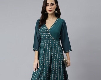 Teal Geometric Printed Crepe Anarkali Kurta For Women, Indian Dress, Indo Western Dress, Anarkali Dress, Fusion Outfit