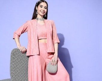 Women Indo Western Embroidered Velvet Crop Top with Palazzos & Shrug Co-Ords Set
