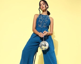 Designer Blue Embellished Jumpsuit For Women, Indo Western Dress, Party Wear Indian Dress, Jumpsuits For Women, Fusion Wear For Women